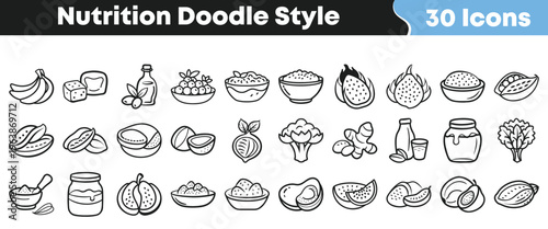 Thirty black and white nutrition doodle style icons depicting various healthy foods like fruits vegetables and grains