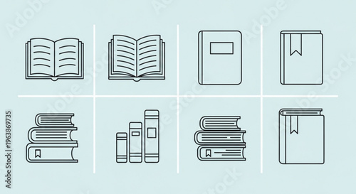 Collection of book icons representing open and closed books with bookmarks simple line art for educational or library concepts isolated on a light blue background