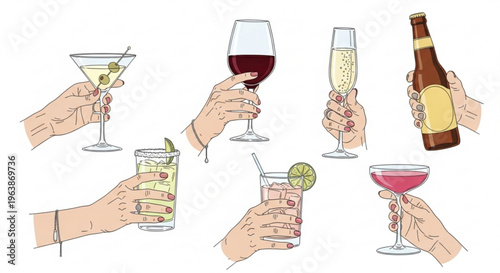 Collection of hands holding various alcoholic and non-alcoholic drinks perfect for celebrating events parties and bar promotions