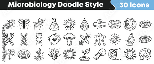 Collection of thirty unique hand drawn doodle style icons representing various essential microbiology and biology science concepts clearly.
