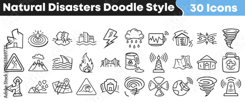 Collection of thirty hand drawn doodle style icons representing various natural disasters and emergency alerts for safety planning