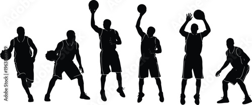 Black silhouette of professional basketball players in various action poses like dribbling, jumping, and shooting, isolated on white background.