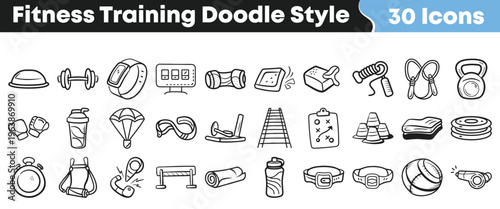 Collection of thirty hand drawn fitness training equipment icons presented in a clean doodle style