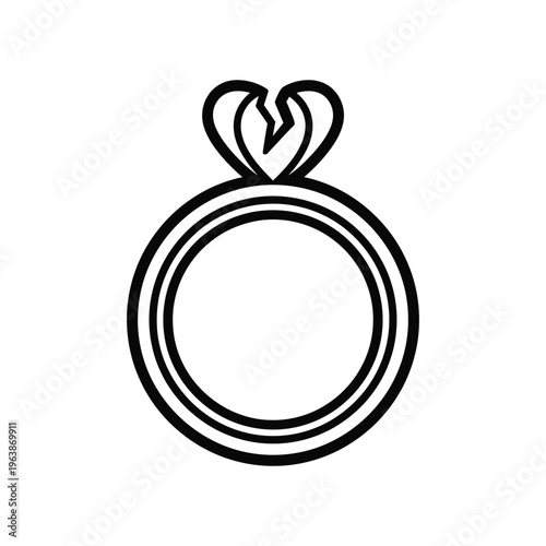 Minimalist black and white line art icon of a wedding ring with a broken heart symbol representing divorce, breakup, and the end of a relationship.