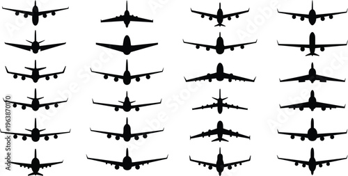 Collection of various airplane silhouettes in different orientations