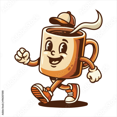 Cute Coffee Cup Character Walking Mascot Illustration in Retro Cartoon Style