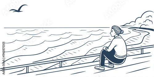 Serene ocean view with a calm person sitting on a pier, watching minimalist waves and a seagull flying overhead on a white background, evoking peaceful and contemplative emotions.