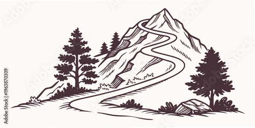 Mountain hiking trail with zigzag path on white background, illustration of winding road through trees and mountain peak, adventure and travel concept.