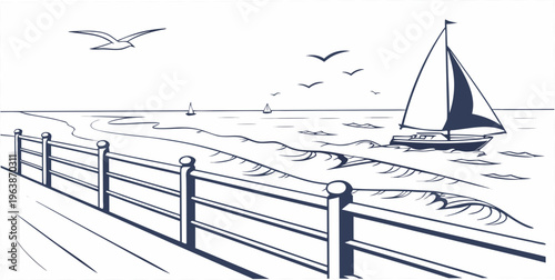 A serene ocean scene with a sailboat on calm waters, a wooden fence, and seagulls flying overhead on a minimalist white background, evoking a sense of peacefulness and tranquility.