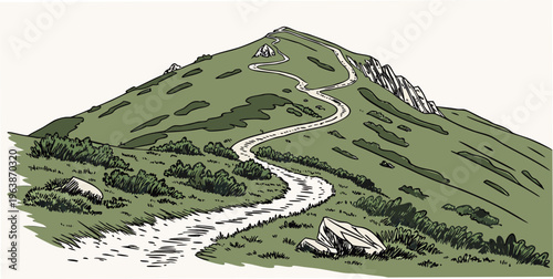 Serene mountain hiking trail with a zigzag path on a green hillside, winding through lush vegetation and rocks on a white background, ideal for outdoor and nature concepts.
