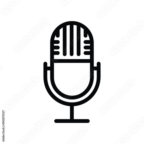 Professional vintage microphone line icon perfect for podcasting branding, radio broadcasting logos, and digital audio recording studio identity on a minimalist white background.
