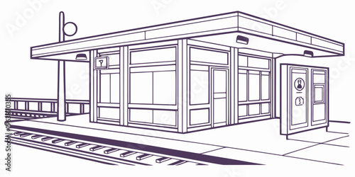 Line art illustration of a train platform shelter with a ticket machine and benches, depicting a modern railway station design in a minimalist style.