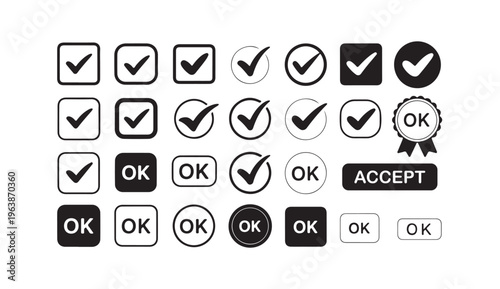 Ok button and check mark icons collection green black white accept approval sign