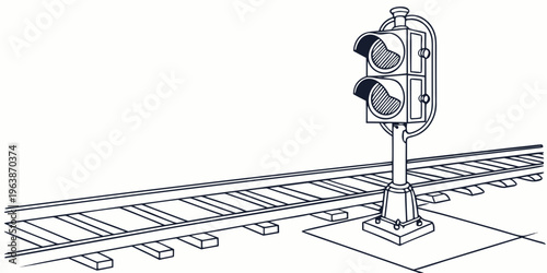 Railway train signal light on tracks line art illustration, railroad crossing sign, transportation infrastructure icon, railway safety semaphore.