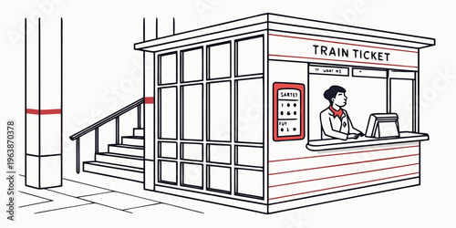 Line art illustration of a train ticket booth with a clerk at a computer, selling tickets to passengers on a railway station platform.