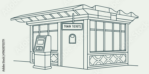 Line art illustration of a train ticket booth with a ticket machine and sign reading 'Train Tickets', simple black and white design.