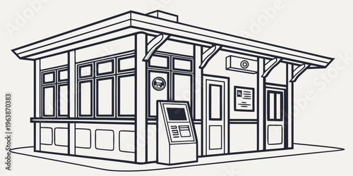 A line art illustration of a train ticket booth with a ticket vending machine outside, showcasing a simple and modern railway station design element.