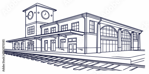 A detailed line art illustration of a train station building with a clock tower, platform, and tracks, showcasing architectural features in a simple yet elegant design.