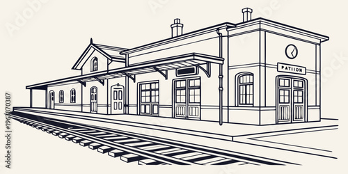 A line art illustration of a train station building with clock and tracks, railway architecture in a simple drawing style.