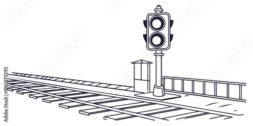Railway signal light on train tracks with railroad line and platform, illustration in line art style.