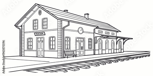 A line art illustration of a train station building with tracks, clock, and platform, in a simple yet detailed architectural style, perfect for travel and transportation concepts.