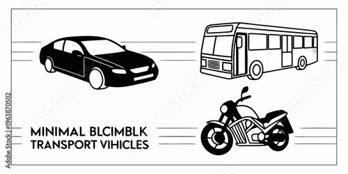 Minimal black silhouettes of car, bus, and motorcycle, simple transport vehicles icons