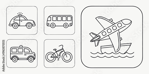 A set of thin line icons featuring various modes of transportation, including a car, bus, bicycle, airplane taking off from water, and a van, all in a simple line art style.