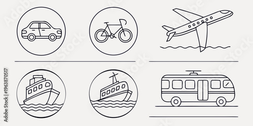 Set of thin line icons featuring various modes of transportation, including a car, bicycle, airplane, cruise ship, ferry, and RV, for travel and logistics concepts.