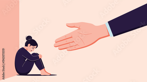 Large hand reaching out to support a sad young woman sitting alone on the floor, symbolizing help, empathy, and mental health support.