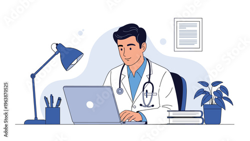 Professional male doctor working on a laptop at his desk in a clinic office, managing patient records and medical research.