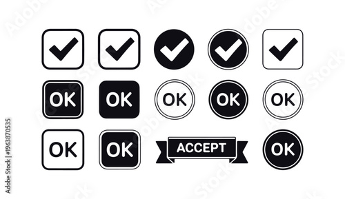 Collection of black and white ok accept and check mark icons for confirmation and feedback