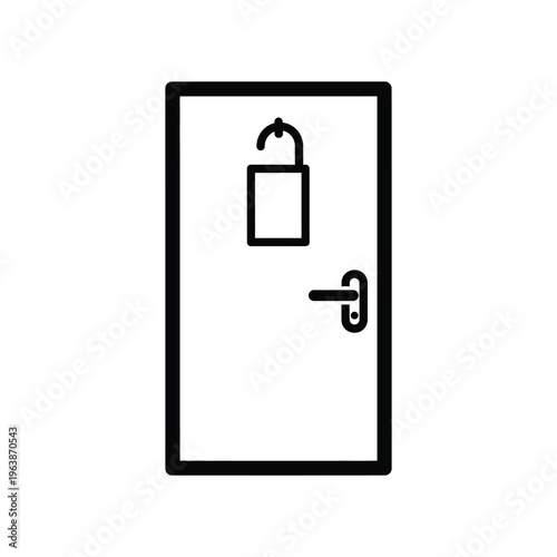 Minimalist black line icon of a hotel room door featuring a do not disturb sign hanging on the handle to ensure privacy and quiet for guests.