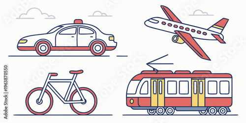Transportation icons set including a taxi, airplane, bicycle, and tram in a simple infographic style, illustrating various modes of travel and vehicles.
