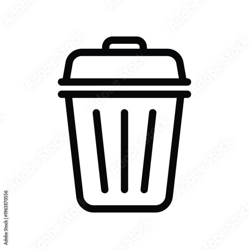 Minimalist black line icon of a trash can with a lid, ideal for digital file deletion interfaces, waste management applications, and environmental recycling concepts.