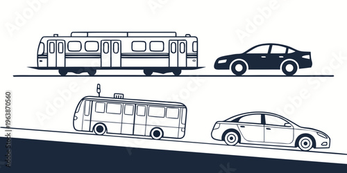 Silhouettes of various urban transportation vehicles, including buses and cars, on a road.