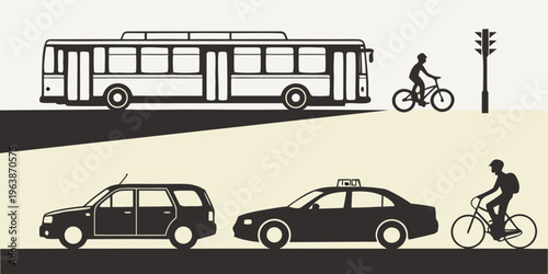 Urban transportation vehicle silhouettes, city commute, bus, minivan, sedan, cyclists, road, traffic, eco-friendly travel, modern cityscape.