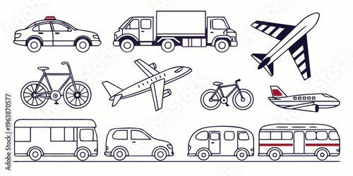 Vector collection of outlined transportation vehicles, including cars, trucks, airplanes, bicycles, and camper vans, in a simple line art style.