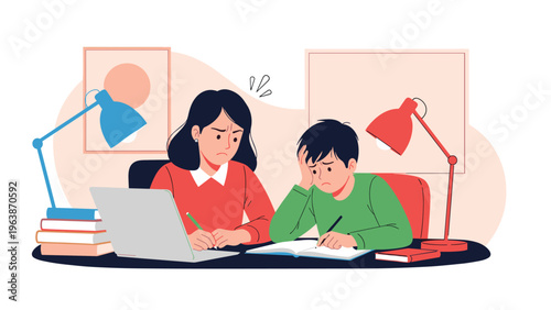 Stressed mother and frustrated son studying together with books and laptop at home, depicting the challenges of distance learning.