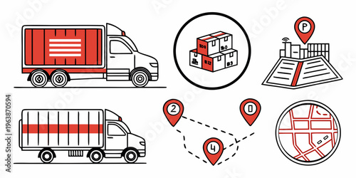 Logistics and transportation icon pack, delivery truck, warehouse, map, and route planning symbols for business, shipping, and supply chain management concepts.