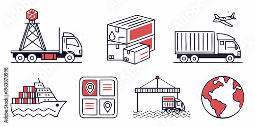 Logistics and transportation icon pack including truck, shipping, airplane, warehouse, and global delivery symbols for business and industry use.