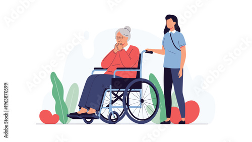 Elderly woman sitting in a wheelchair is being assisted by a young female caregiver while enjoying a stroll in a park setting.