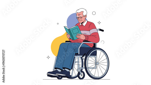 Retired elderly man sitting in a wheelchair enjoys reading a book against a simple colorful background in a quiet indoor space.