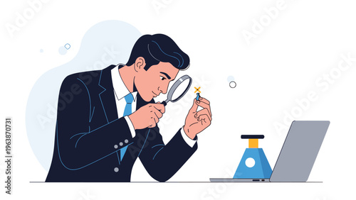 Professional businessman in a suit uses a magnifying glass to carefully inspect a tiny component at his office desk with a laptop.