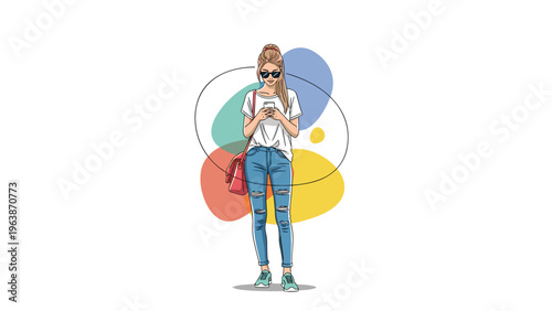 Stylish young woman wearing sunglasses and ripped jeans stands outdoors while focusing on her smartphone against a colorful backdrop.
