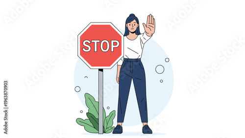 Determined woman standing next to a red stop sign holds her hand up in a gesture to halt or signal for an end to something.