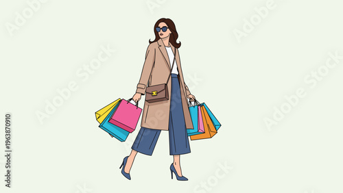 Elegant woman wearing a coat and sunglasses walks confidently while carrying multiple colorful shopping bags after a retail trip.