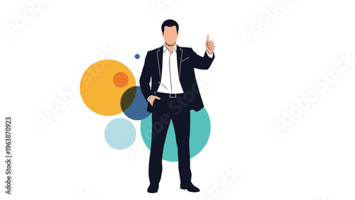 Confident businessman in a dark suit gives a thumbs up gesture against a background of colorful and abstract geometric shapes.