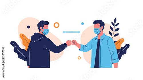 Two men wearing protective face masks perform a fist bump while maintaining social distance as indicated by a blue arrow.