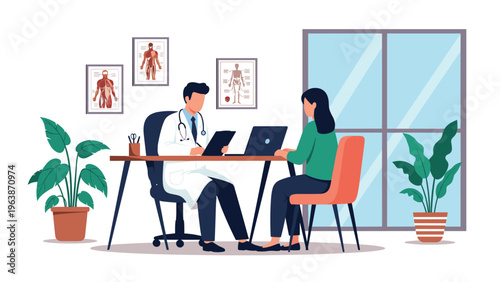 Professional doctor in a white coat listens to a patient during a medical consultation in a modern well equipped clinic office.