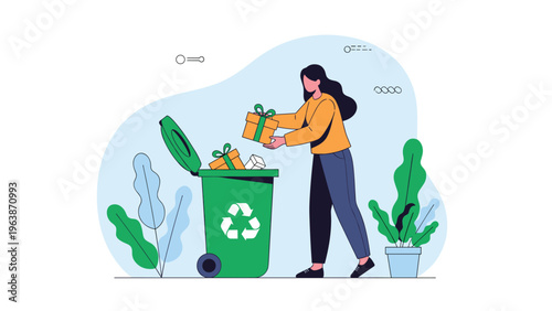 Environmentally conscious woman disposes of cardboard gift boxes into a green recycling bin to promote waste reduction.